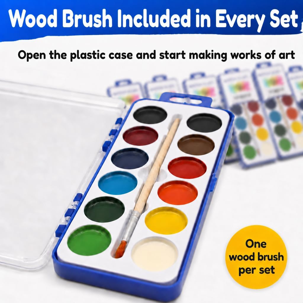 Color Swell 12 Color Bulk Watercolors with Wood Brushes, 18 Pack