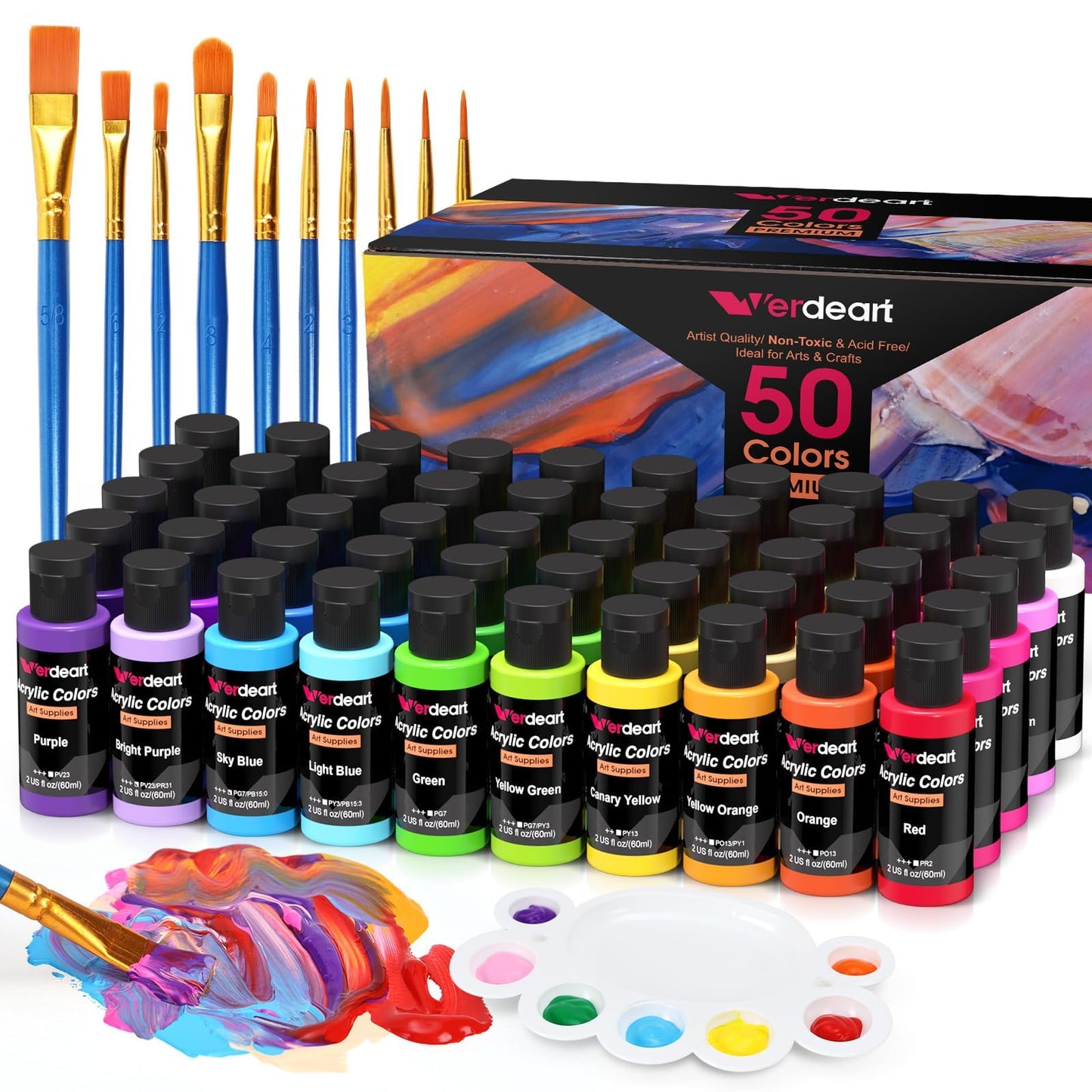 Acrylic Paint Set - 24 Colors 2 oz/59 ml Acrylic Paints for Professional Artists with 10 Brushes , Art Supplies for Painting Canvas Rock Wood Ceramic Glass Art Craft Painting, Rich Pigments Lasting Quality for Beginners