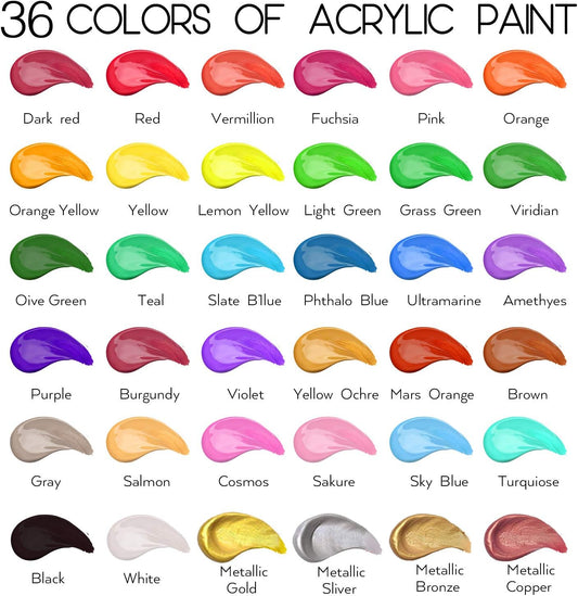 55PCS Acrylic Paint Set of 36 Colors 2fl oz 60ml Bottles 12 Brushes,Non Toxic 36 Colors Acrylic Paint No Fading Rich Pigment for Kids Adults Artists Canvas Crafts Wood Painting