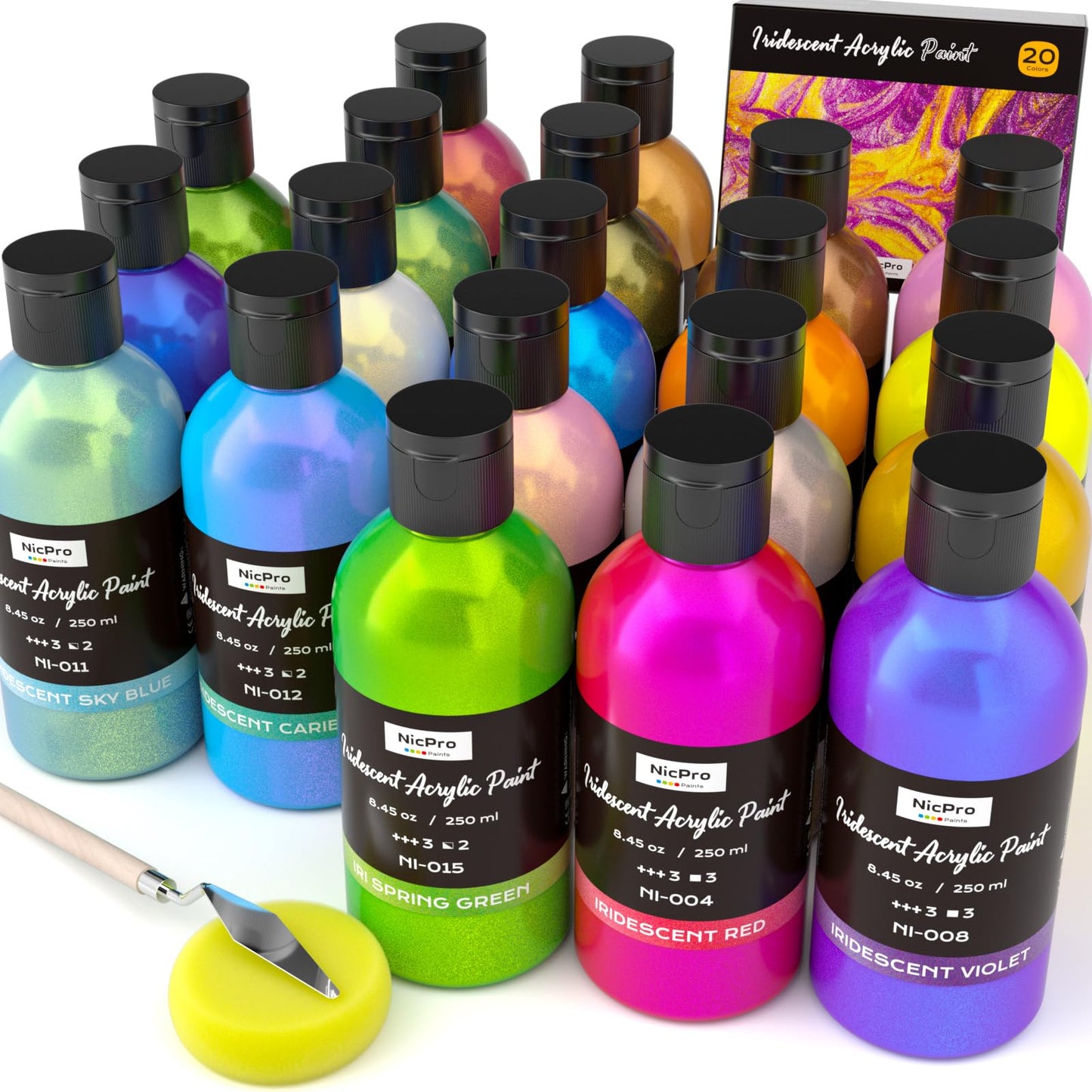 Nicpro 20 Colors Iridescent Acrylic Paint,8.45oz Large Bulk Metallic Paint | Color Shifting Craft Paint, Non-Toxic Art Painting Supplies, For Canvas Fabric Rock Wood with Paint Knife Color Wheel