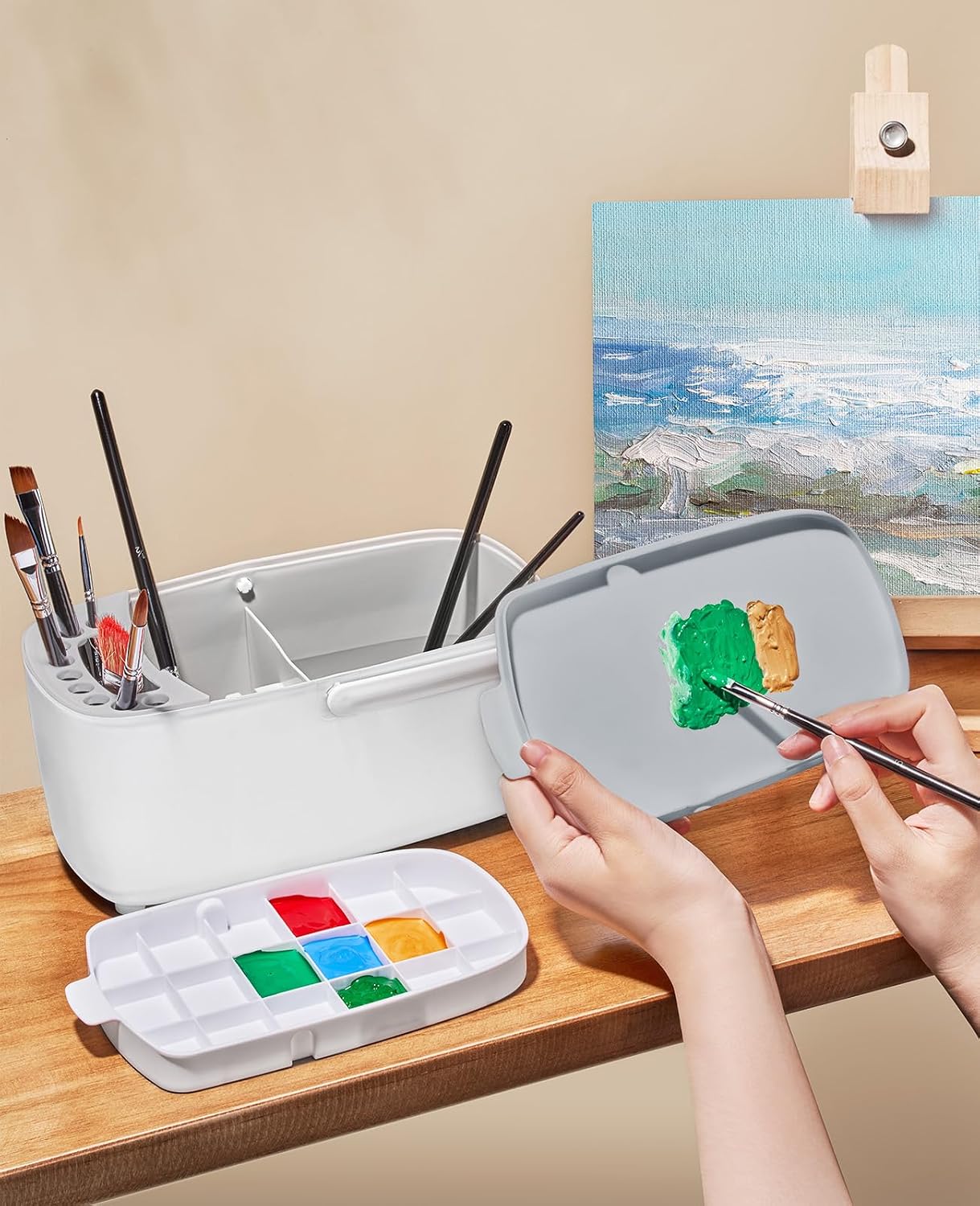 GAMENOTE Paint Brush Cleaner, Paint Brush Holder and Palette, White | All-in-one painting station washes and rests brushes, mixes colors, and stores paint in 18 wells with a portable handle.