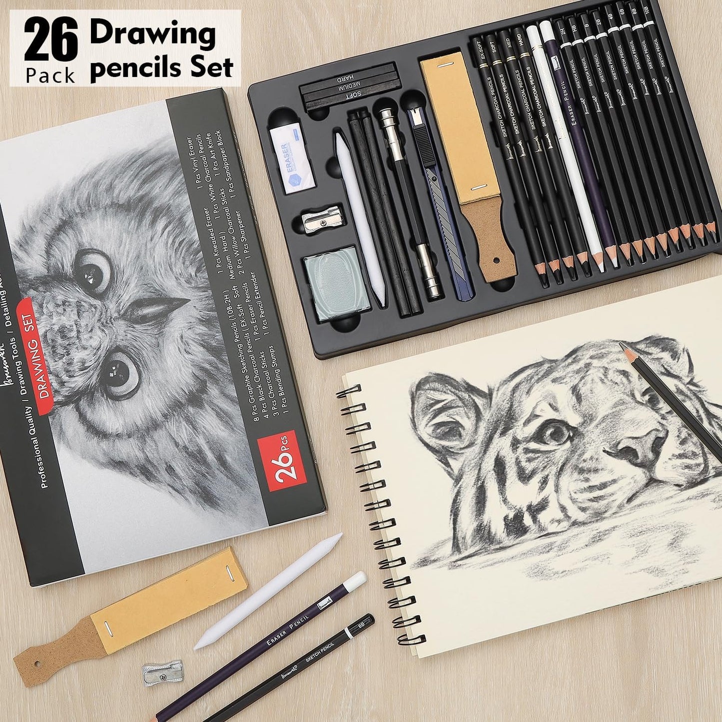 Brusarth Charcoal Pencils for Drawing, Set of 26, Professional Drawing Sketch Pencils, Art Supplies for Sketching, Shading, Blending, Artist Pencils for Beginners & Pro Artists