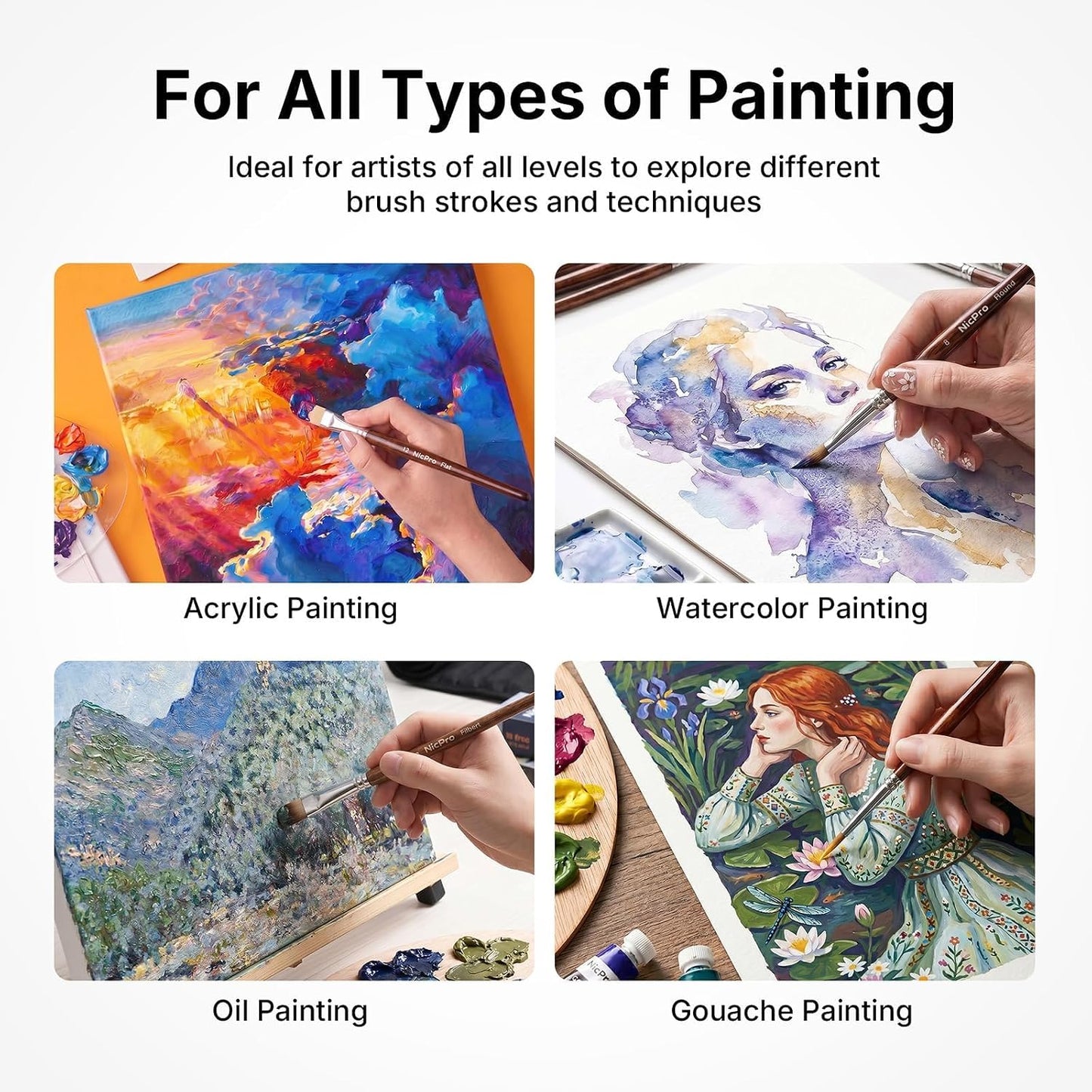 Nicpro 30pcs Paint Brush Set for Acrylic Painting, Oil, Watercolor, Gouache | Professional 9 Shapes No Shedding Synthetic Bristles with Palette Knife & Canvas Roll, Art Supplies for Artists and Beginners