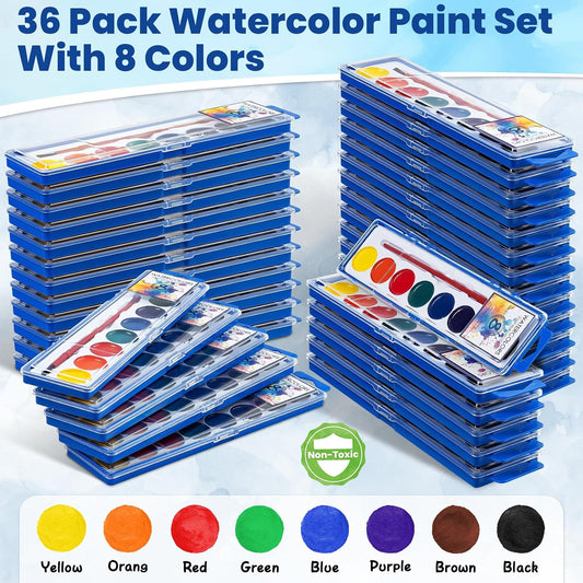 36 Pack Watercolor Paint Set, Washable Water Color Paint Bulk for Kids | Water Paint with Brushes, Ideal Gifts for Party Favors, School Supplies & Classroom Prizes, Art Activities, 8 Colors
