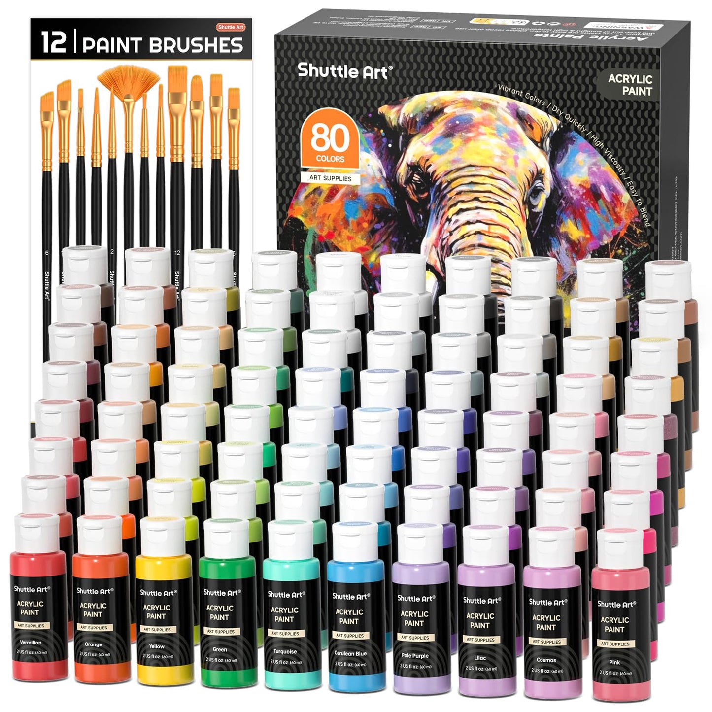 Shuttle Art Acrylic Paint, 36 Colors Acrylic Paint Set with Brushes & Palette, 2oz/60ml Bottles, Rich Pigments Non-toxic for Artists Kids & Adults, Painting on Canvas Rocks Ceramic Wood