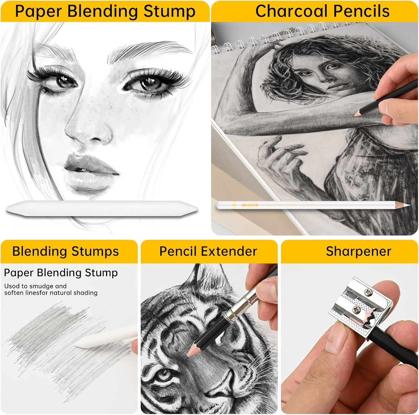 24 Piece Sketch Pencil Set, Graphite Charcoal for Shading Beginners | Graphite Pencils 14B-4H, Charcoal Pencils, White Charcoal, Art Supplies, Shading, Drawing, Sketching, Beginners & Artists