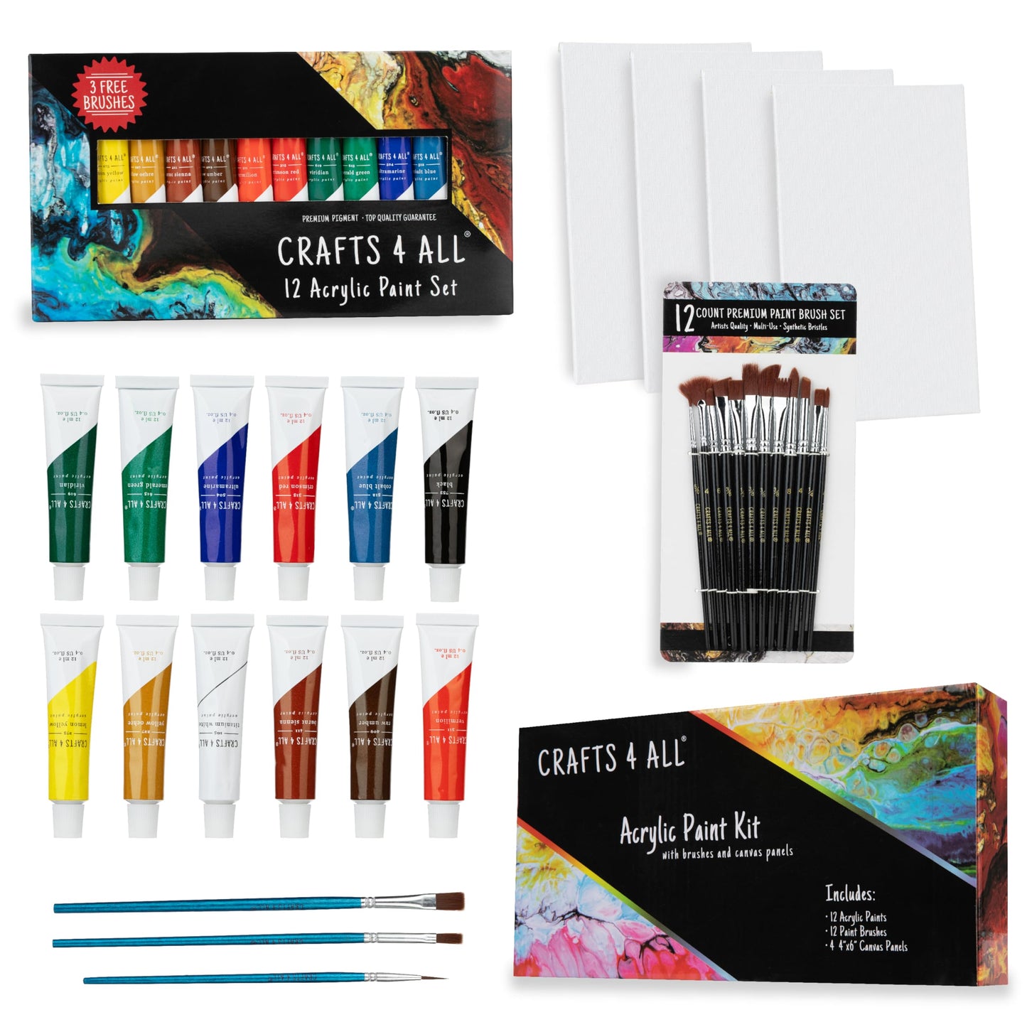 Crafts 4 All Acrylic Paint Set for Adults and Artists - 24 Pack of 12mL Paints with 3 Art Brushes, Non-Toxic Craft Paint for Easter Eggs, Ceramic Rock- Art Supplies