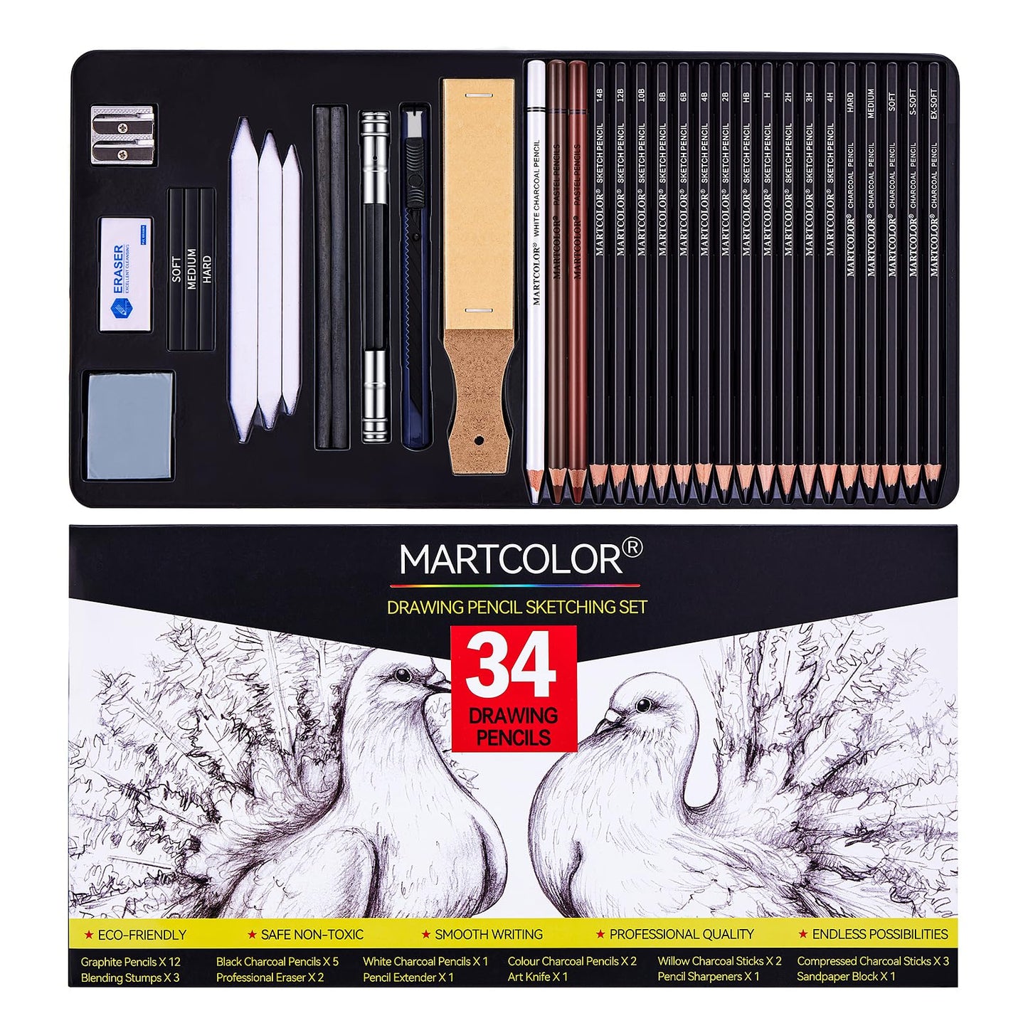 MARTCOLOR 20 Pieces Drawing Sketching Pencil Set, Graphite Pencils (14B-4H) | Charcoal Sticks, Stump, Eraser, Sharpeners, Ideal for Drawing Art, Sketching, Artist Pencils for Beginners & Pro Artists