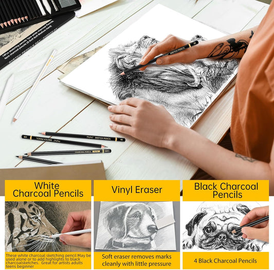 24 Piece Sketch Pencil Set, Graphite Charcoal for Shading Beginners | Graphite Pencils 14B-4H, Charcoal Pencils, White Charcoal, Art Supplies, Shading, Drawing, Sketching, Beginners & Artists
