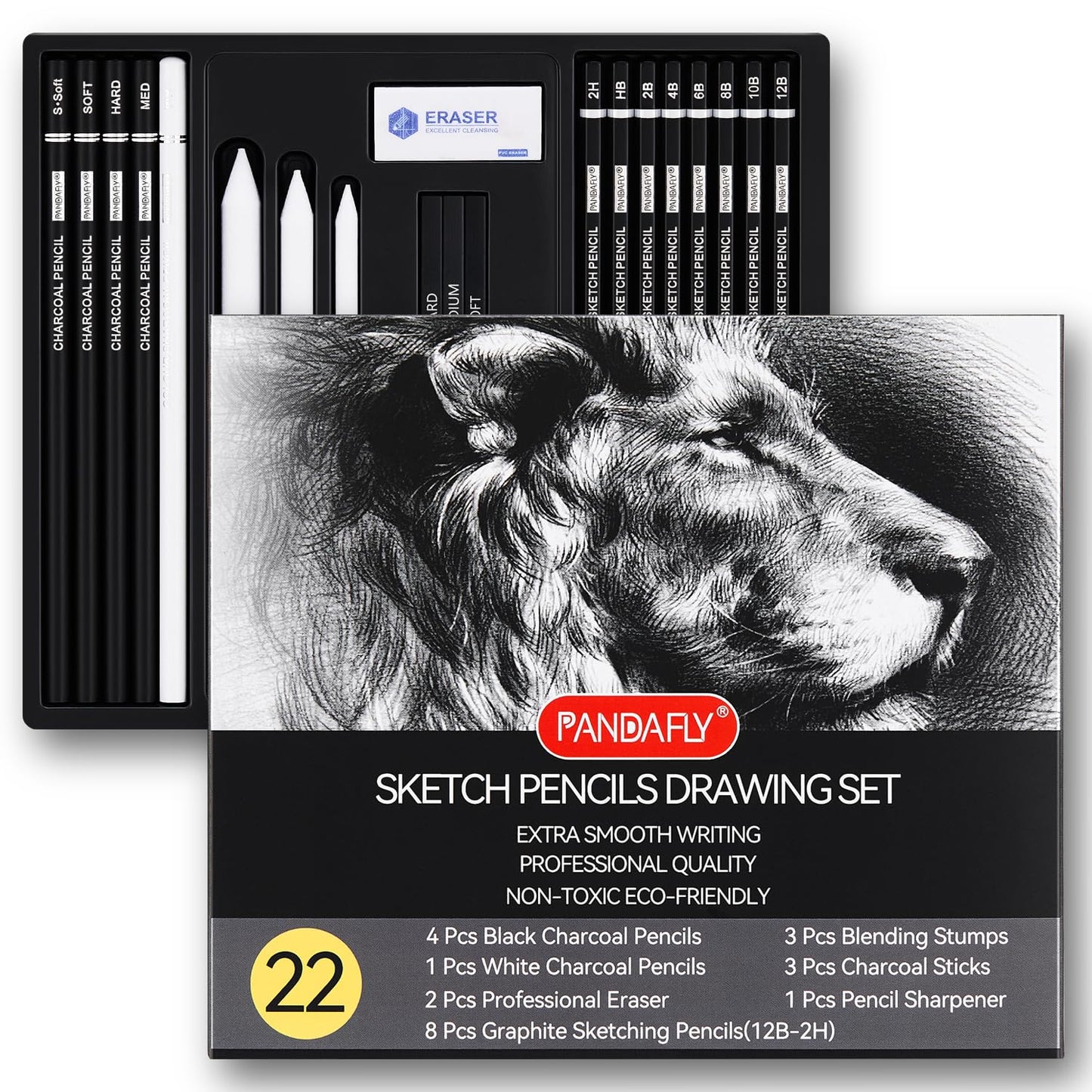 PANDAFLY Drawing Sketching Pencil Set, 22 Piece, Graphite Pencils (12B-2H) | Pro Art Pencil Kit with Black and White Charcoal Pencils, Charcoal Sticks, Stumps, Eraser, Sharpeners, Sketch Set for Artists