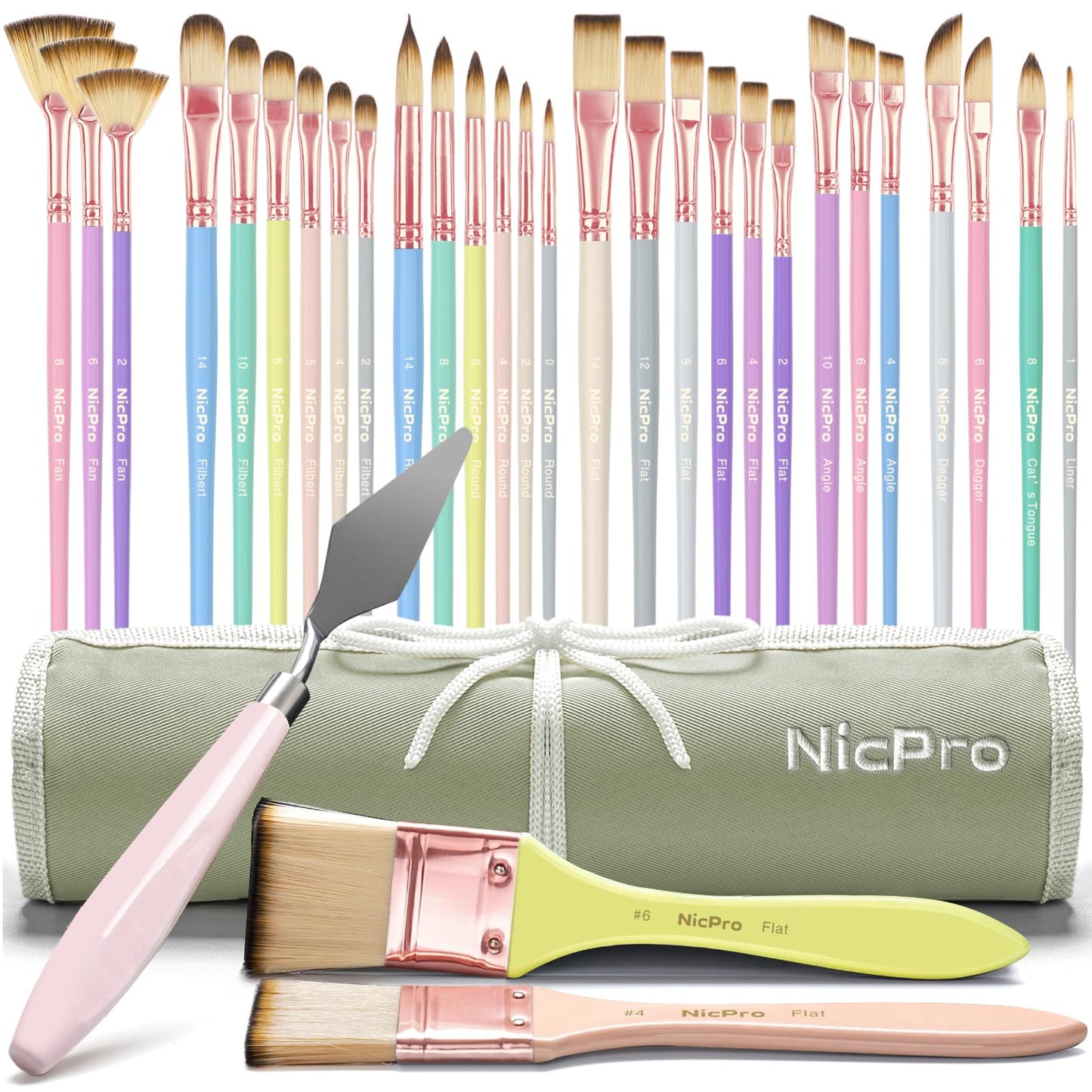 Nicpro 32pcs Paint Brush Set, Acrylic Paint Brushes, Professional Artist Series with Paint Spatula and Cloth Roll, Paintbrushes for Oil, Acrylic Canvas Paintings, Watercolor, Art Supplies