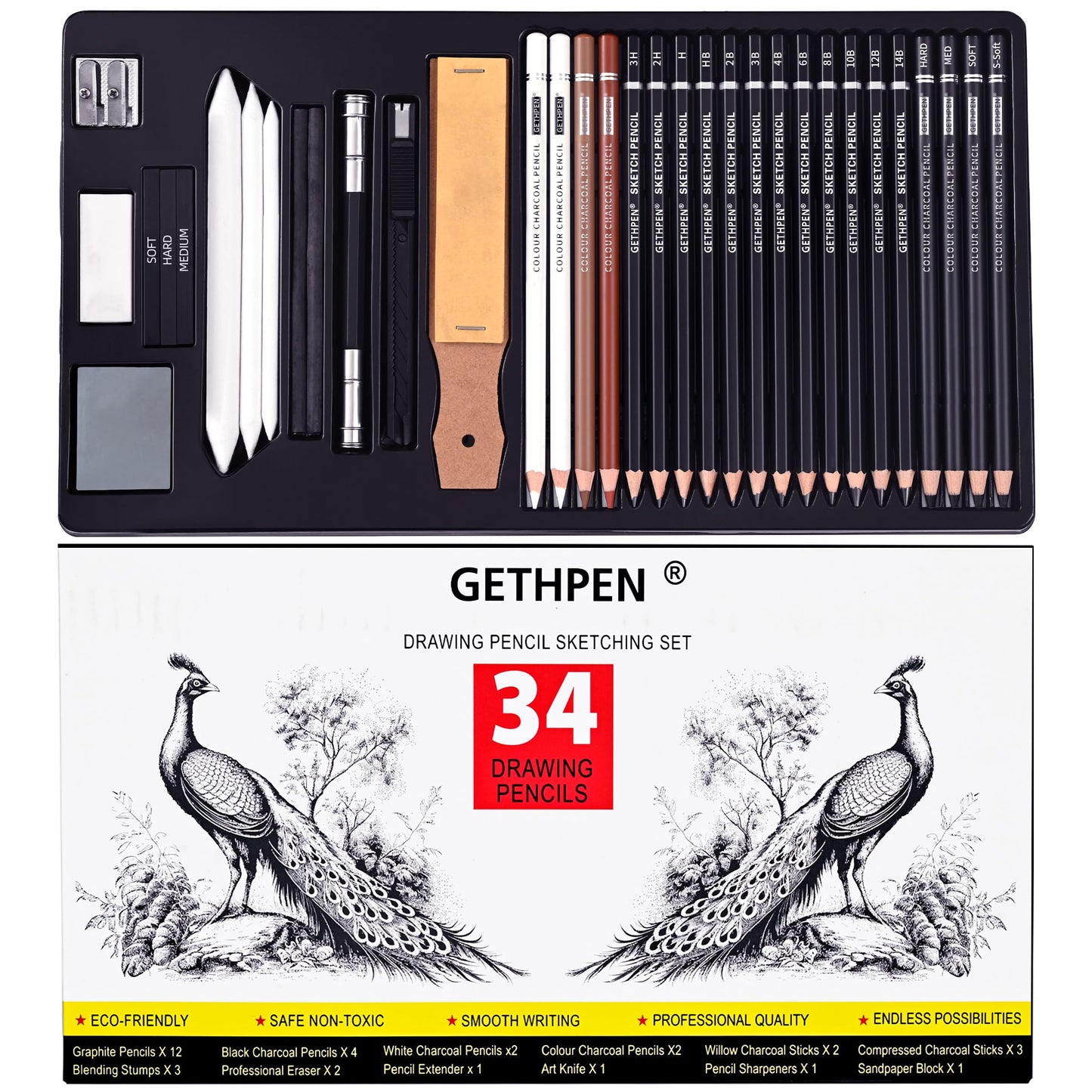 GETHPEN 34Pcs Sketch Drawing Kit, Graphite 14B-4H Charcoal Pencils Sticks | Sketch Pencil Set, (4H-14B) Pencils, Vinyl Eraser, Kneaded Eraser,Sharpener and Paper Blending Stump, Artists and Beginners
