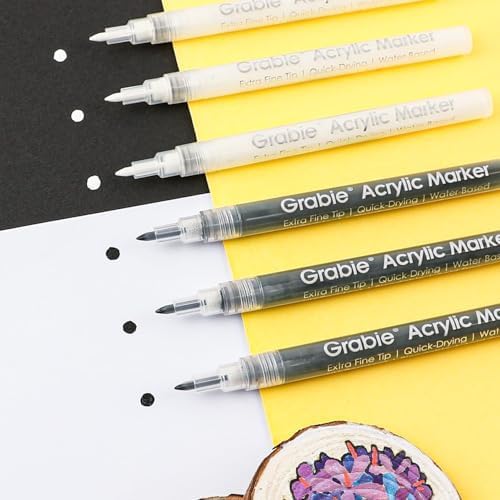 Grabie 6 Pack of Black & White Acrylic Paint Markers, 0.7 mm Extra Fine Tip | Extra Fine Tip, Quick Drying, Waterproof And Fade Resistant, Fine Details And Highlights, Rock Glass Wood Canvas Ceramic