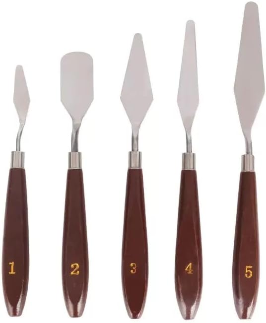PUFUAII 5 PCS Painting Knives Stainless Steel Spatula Palette Knife Oil Painting Accessories Color Mixing Set for Oil, Canvas, Acrylic Painting (drak brown)