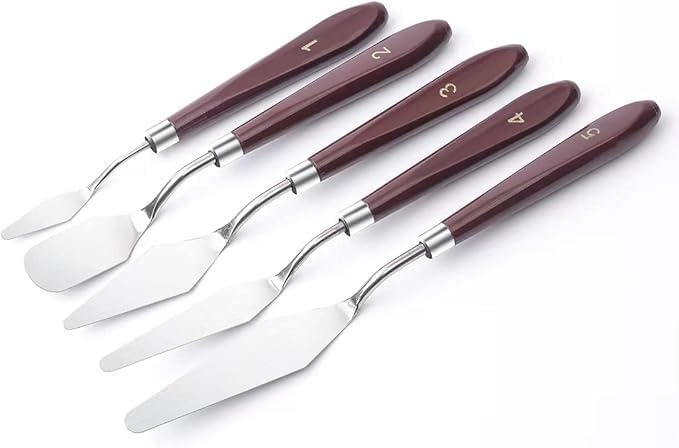 PUFUAII 5 PCS Painting Knives Stainless Steel Spatula Palette Knife Oil Painting Accessories Color Mixing Set for Oil, Canvas, Acrylic Painting (drak brown)