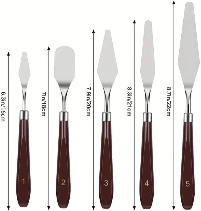 PUFUAII 5 PCS Painting Knives Stainless Steel Spatula Palette Knife Oil Painting Accessories Color Mixing Set for Oil, Canvas, Acrylic Painting (drak brown)