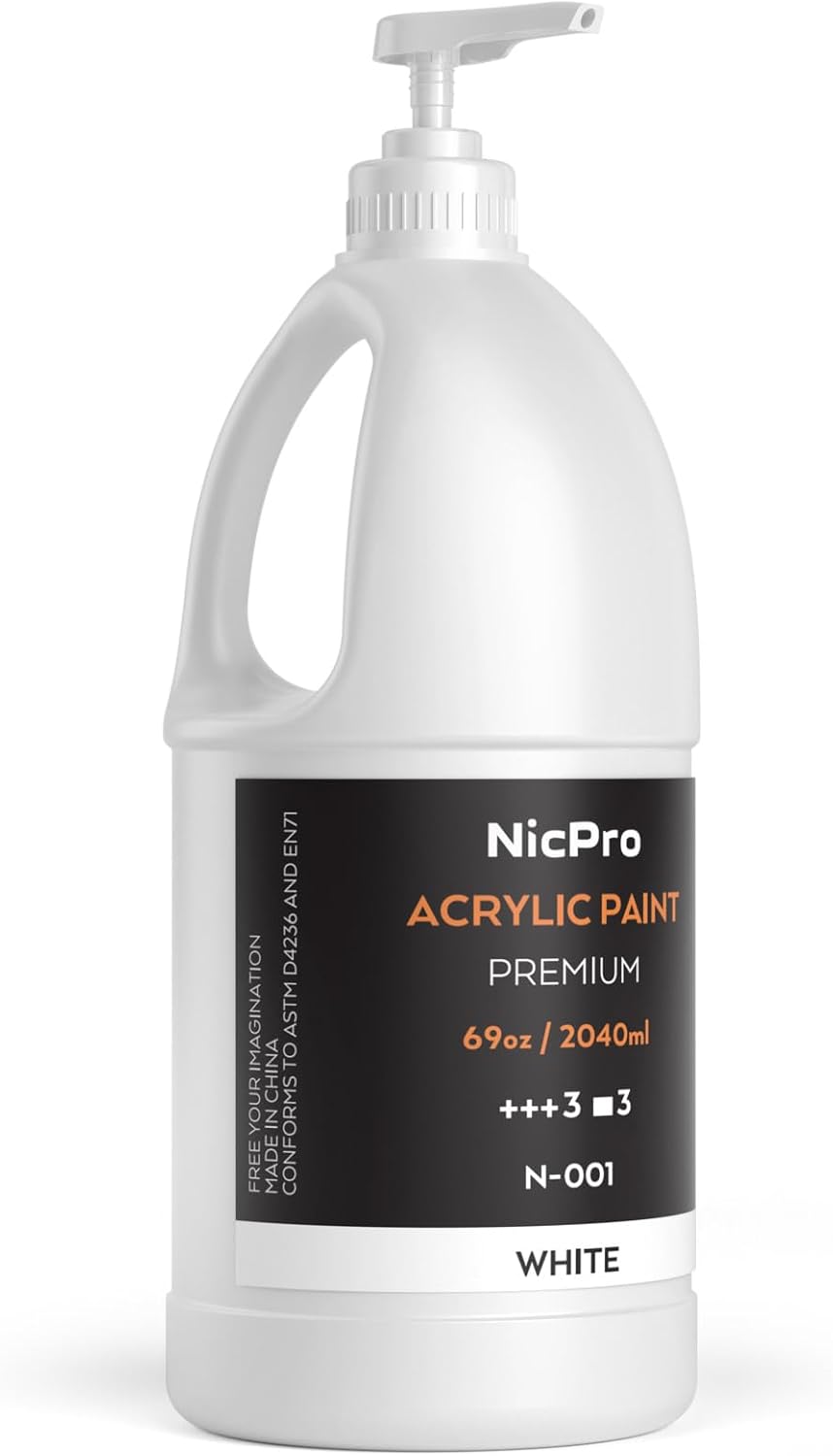 Nicpro White Large Acrylic Paint (69 oz, 2040 ml), Rich Pigments, Non Toxic | Craft Paint for Multi Surface, Canvas, Wood, Leather, Fabric, Rock, Art Painting Supplies for Beginners Artists with Pump