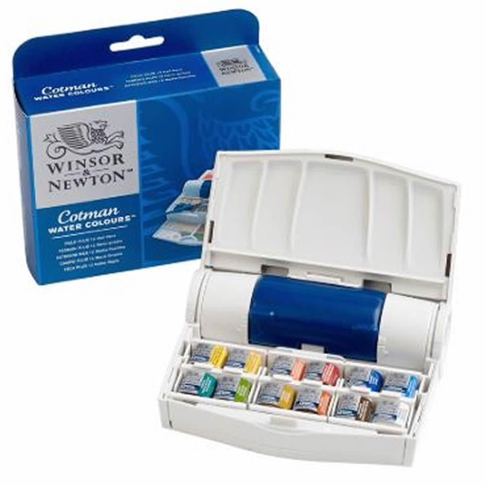 Winsor & Newton Cotman Watercolor Paint Set, Field Pocket Set, 12 Half Pan w/ Brush, Sponge, Bottle