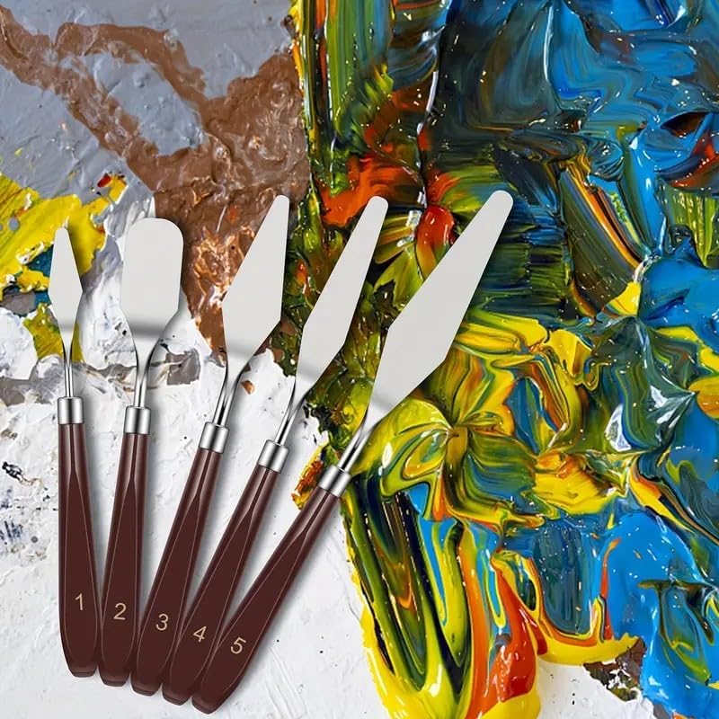 PUFUAII 5 PCS Painting Knives Stainless Steel Spatula Palette Knife Oil Painting Accessories Color Mixing Set for Oil, Canvas, Acrylic Painting (drak brown)