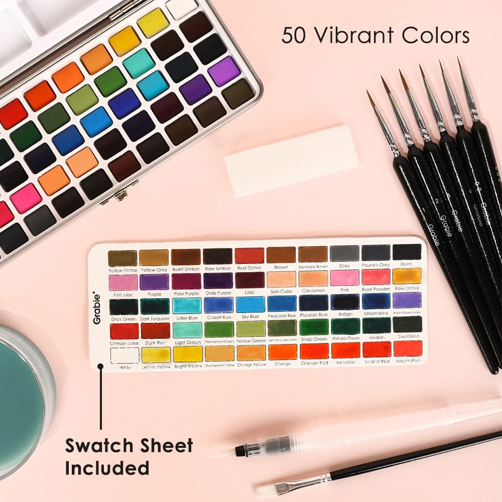 Grabie 50 Color Watercolor Paint Set with Detail Paint Brushes | High Pigment Paints, Blendable Colors, Portable Travel Case, Painting, Sketching, Illustration, Beginner And Hobby Artists