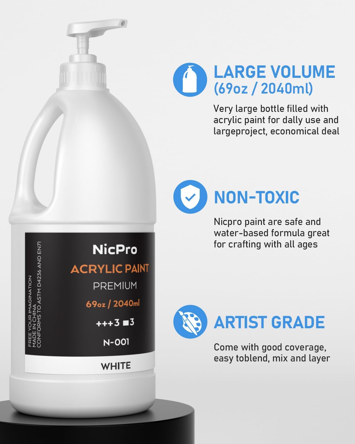 Nicpro White Large Acrylic Paint (69 oz, 2040 ml), Rich Pigments, Non Toxic | Craft Paint for Multi Surface, Canvas, Wood, Leather, Fabric, Rock, Art Painting Supplies for Beginners Artists with Pump