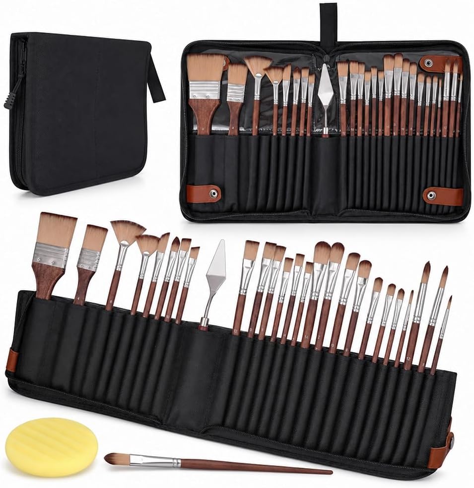 Simpson Sellers 26PCS Paint Brush Set with Palette Knife, Professional Acrylic Oil Watercolor Painting Kit, Flat Filbert Fan Round Detail Tools, Travel Canvas Case for Artists,Face Painting