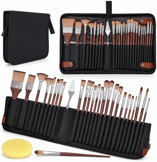 Simpson Sellers 26PCS Paint Brush Set with Palette Knife, Professional Acrylic Oil Watercolor Painting Kit, Flat Filbert Fan Round Detail Tools, Travel Canvas Case for Artists,Face Painting
