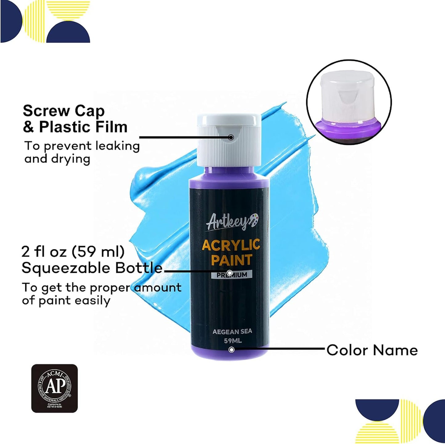 Artkey Acrylic Paint Set, 24 Colors 2 oz/59 ml Acrylic Paint Kit for Professional Artists & Beginners – Craft & Art Supplies for Canvas, Wood, Fabric, Rock, Leather, Ceramic, Glass, Easter Egg