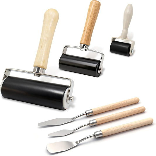 6 Pack Rubber Brayer Roller Kit, 3 Sizes Rubber Rollers with 3 Scrapers for Printmaking Wallpaper Ink Stamping Gluing Oil Painting Plastic Relief Crafting Art DIY - 1.4 in, 2.4 in, 4 in