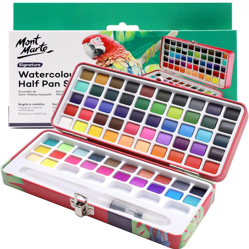 Mont Marte Watercolor Set Full Pan Signature 13pc in Tin, Vibrant, Multi-Color with Translucent Finish, Portable Watercolor Set