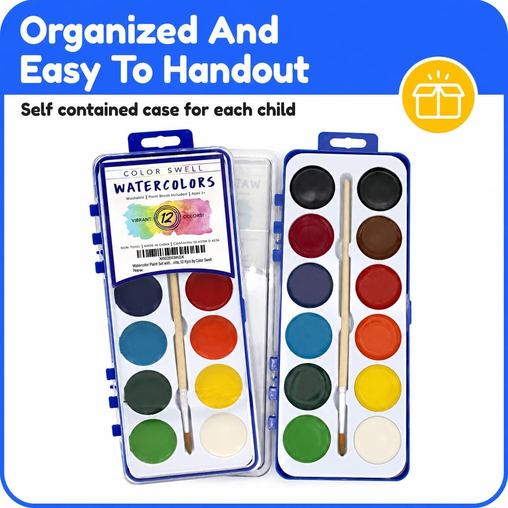 Color Swell 12 Color Bulk Watercolors with Wood Brushes, 18 Pack