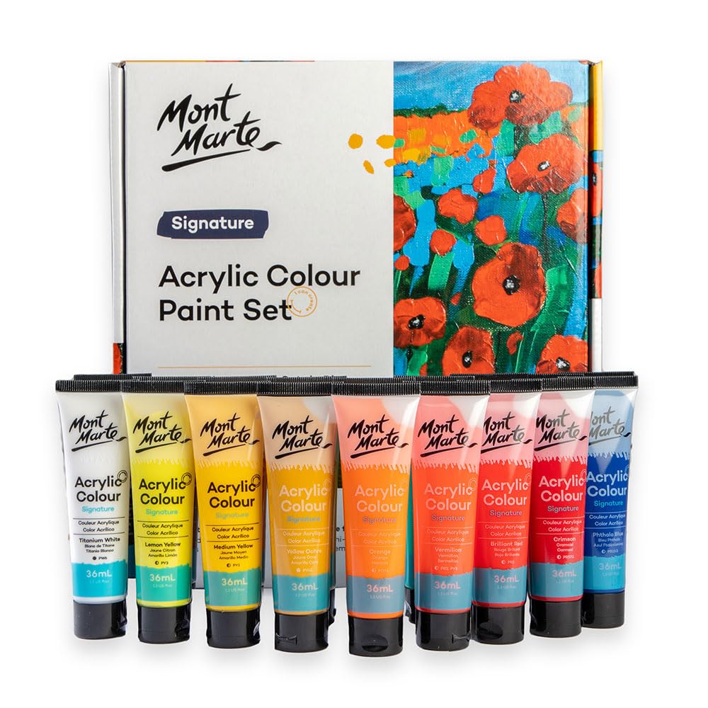 Mont Marte Acrylic Colour Paint Set Signature 24pc x 1.21 US fl.oz (36ml), Acrylic Paint Kit Ideal for Canvas, Wood, Air Dried Clay, Cardboard and More, Great Beginner Acrylic Paint Set, Includes 24 Colors