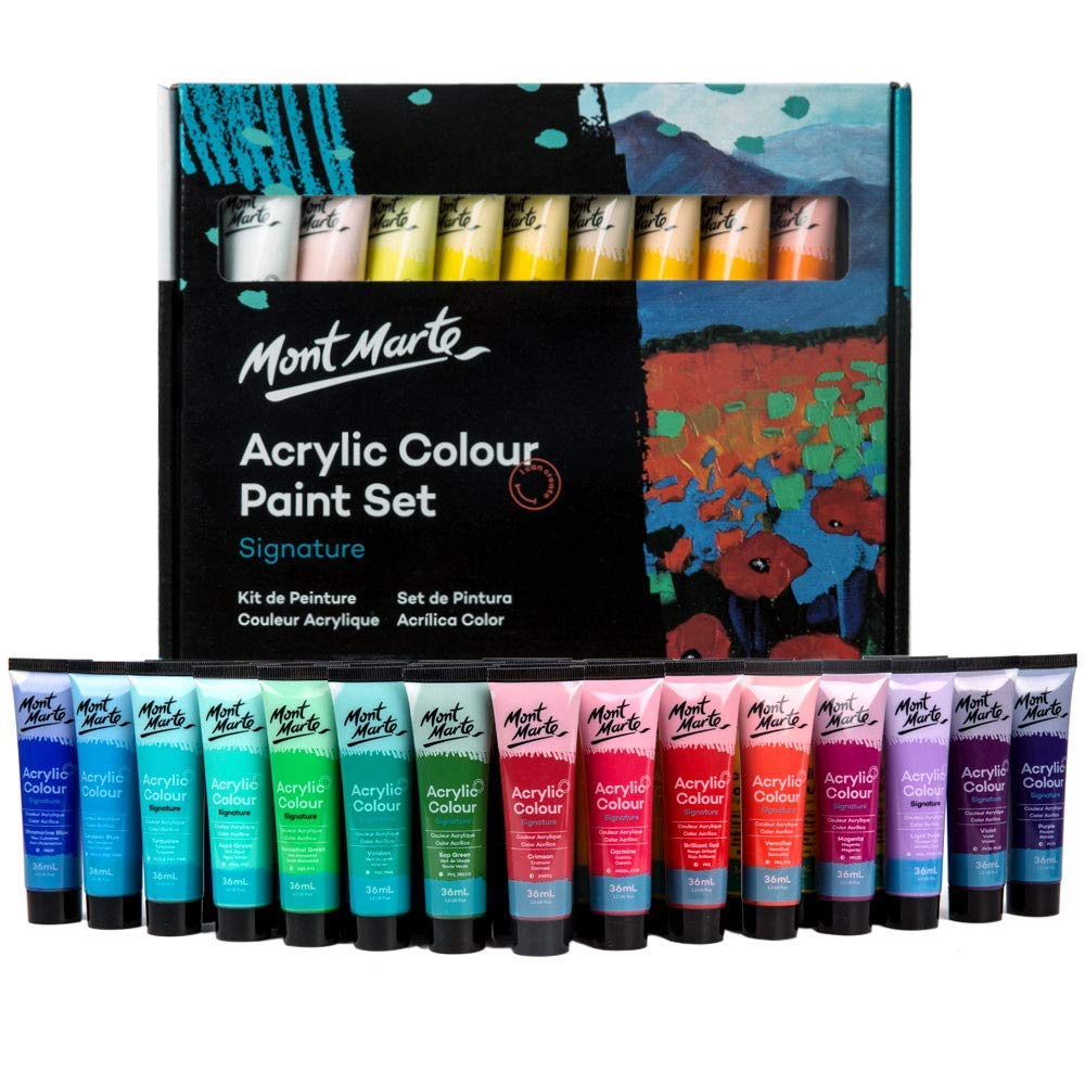 Mont Marte Acrylic Colour Paint Set Signature 24pc x 1.21 US fl.oz (36ml), Acrylic Paint Kit Ideal for Canvas, Wood, Air Dried Clay, Cardboard and More, Great Beginner Acrylic Paint Set, Includes 24 Colors