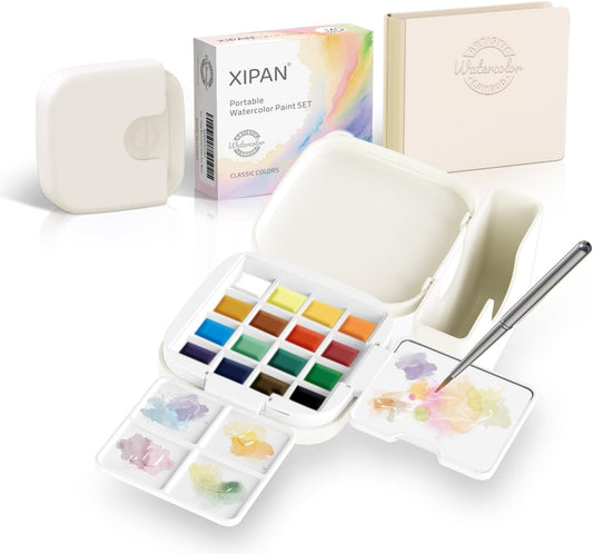 Mini Watercolor Paint Set - Compact Travel Art Kit with 16 Colors,Detail Paint Brush, Palette & Watercolor Sketchbook - Pocket Travel Watercolor Set, Painting Sets, Art Supplies - Classic Colors