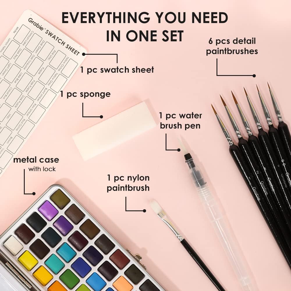 Grabie 50 Color Watercolor Paint Set with Detail Paint Brushes | High Pigment Paints, Blendable Colors, Portable Travel Case, Painting, Sketching, Illustration, Beginner And Hobby Artists