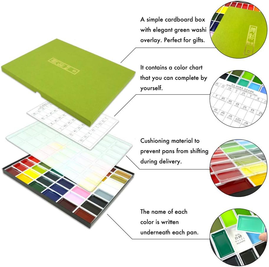 Kuretake Gansai Tambi Watercolor Paint Set, 48 Colors, Made in Japan | 48 vivid opaque colors, non-granulating pigment, large pans, palette & color chart, Professional Use, Artist Grade