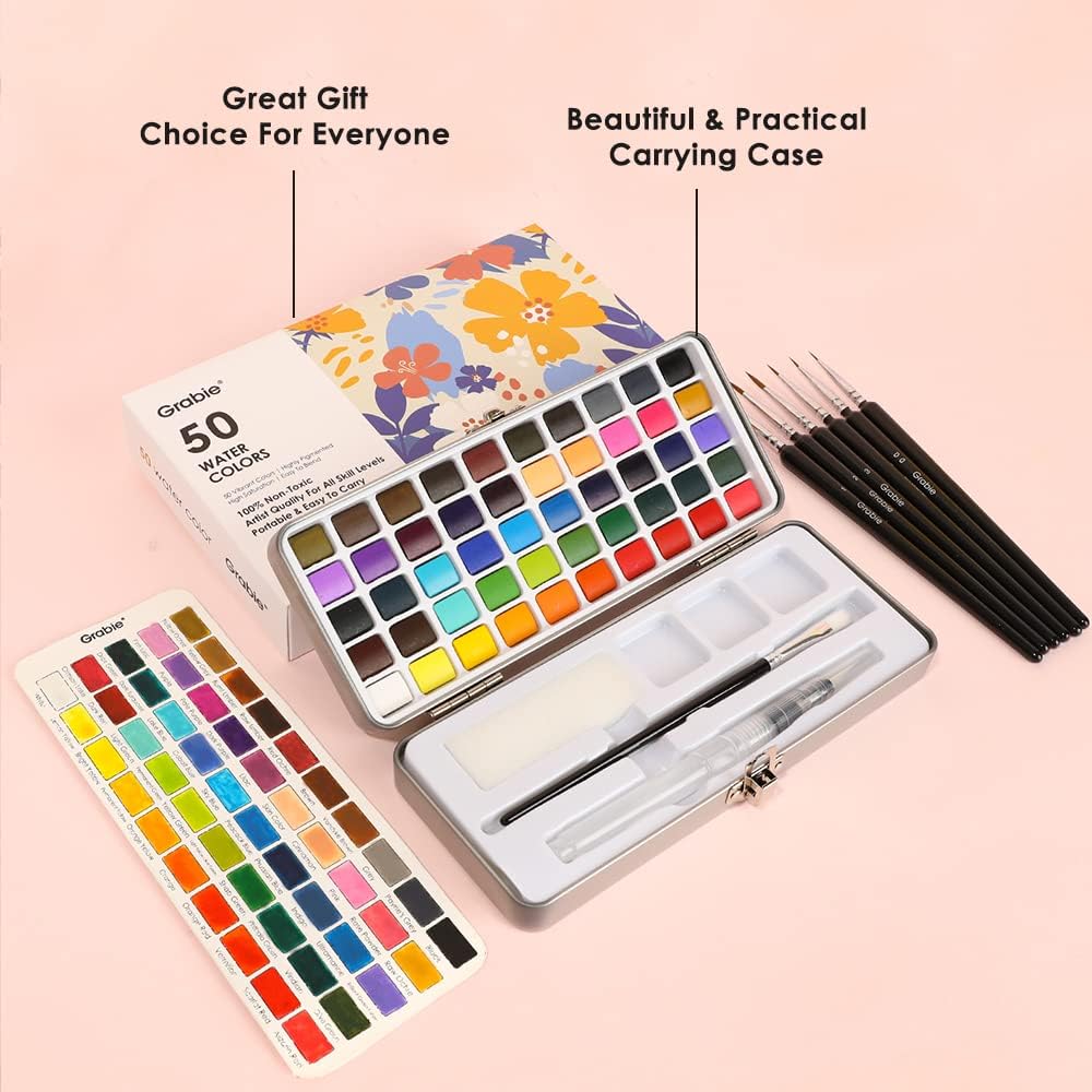 Grabie 50 Color Watercolor Paint Set with Detail Paint Brushes | High Pigment Paints, Blendable Colors, Portable Travel Case, Painting, Sketching, Illustration, Beginner And Hobby Artists
