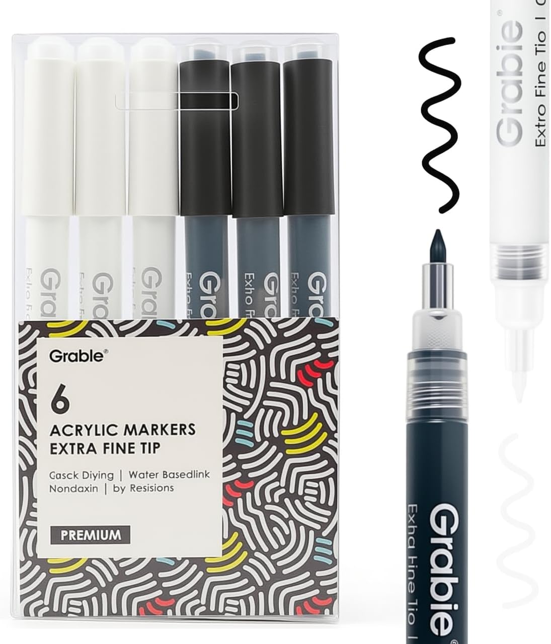Grabie 6 Pack of Black & White Acrylic Paint Markers, 0.7 mm Extra Fine Tip | Extra Fine Tip, Quick Drying, Waterproof And Fade Resistant, Fine Details And Highlights, Rock Glass Wood Canvas Ceramic