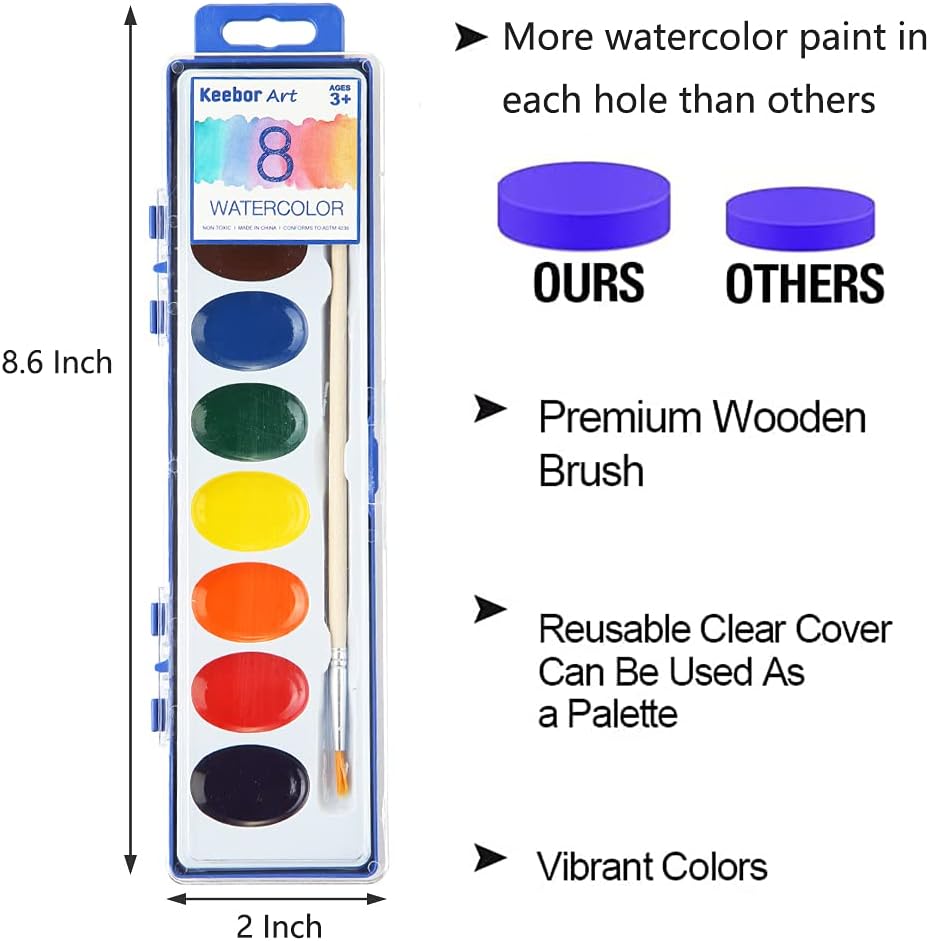 Keebor Washable Watercolor Paint Set, 36 Pack, 8 Colors with Paint Brush