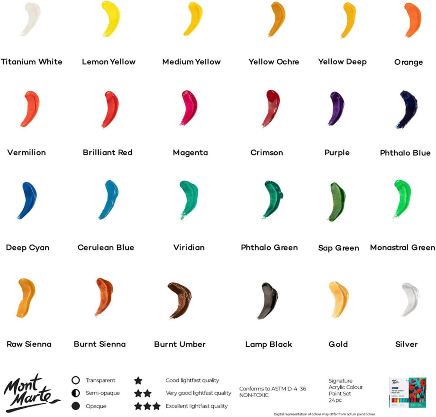 Mont Marte Acrylic Colour Paint Set Signature 24pc x 1.21 US fl.oz (36ml), Acrylic Paint Kit Ideal for Canvas, Wood, Air Dried Clay, Cardboard and More, Great Beginner Acrylic Paint Set, Includes 24 Colors