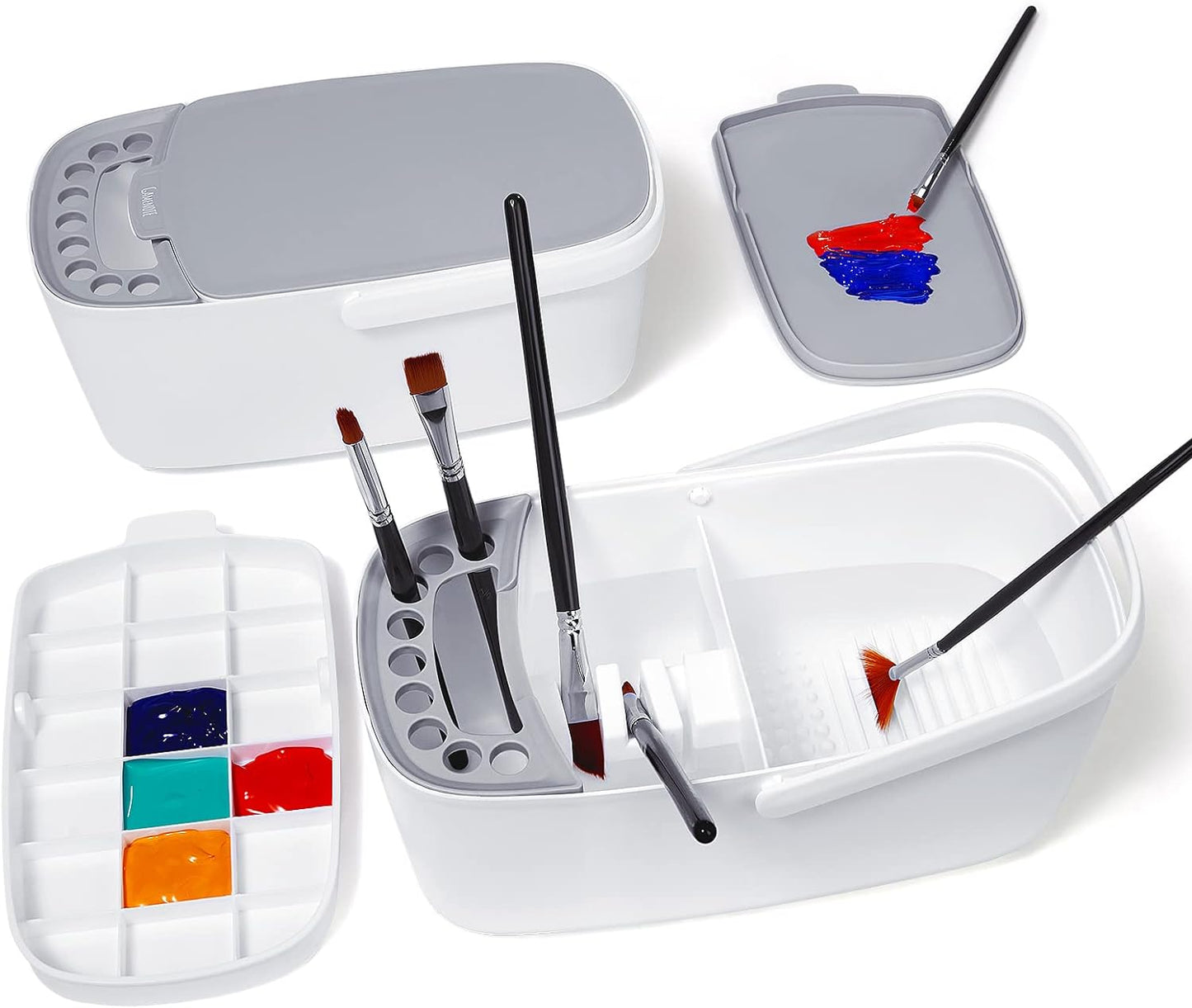 GAMENOTE Paint Brush Cleaner, Paint Brush Holder and Palette, White | All-in-one painting station washes and rests brushes, mixes colors, and stores paint in 18 wells with a portable handle.