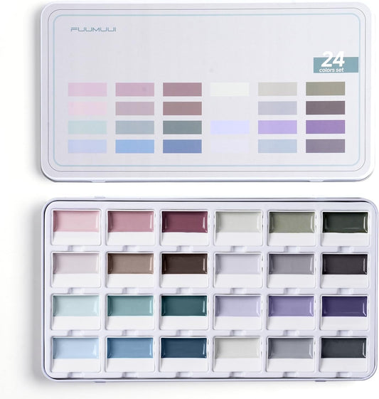 Fuumuui Creamora™ Watercolor Paint Set 24 Color Opaque Semi-Solid Muted Gray Tone Paint | for Soft Gradient, Professional Adult Beginner Artist Supplies for Realistic Landscape Hobbyists Art Painting