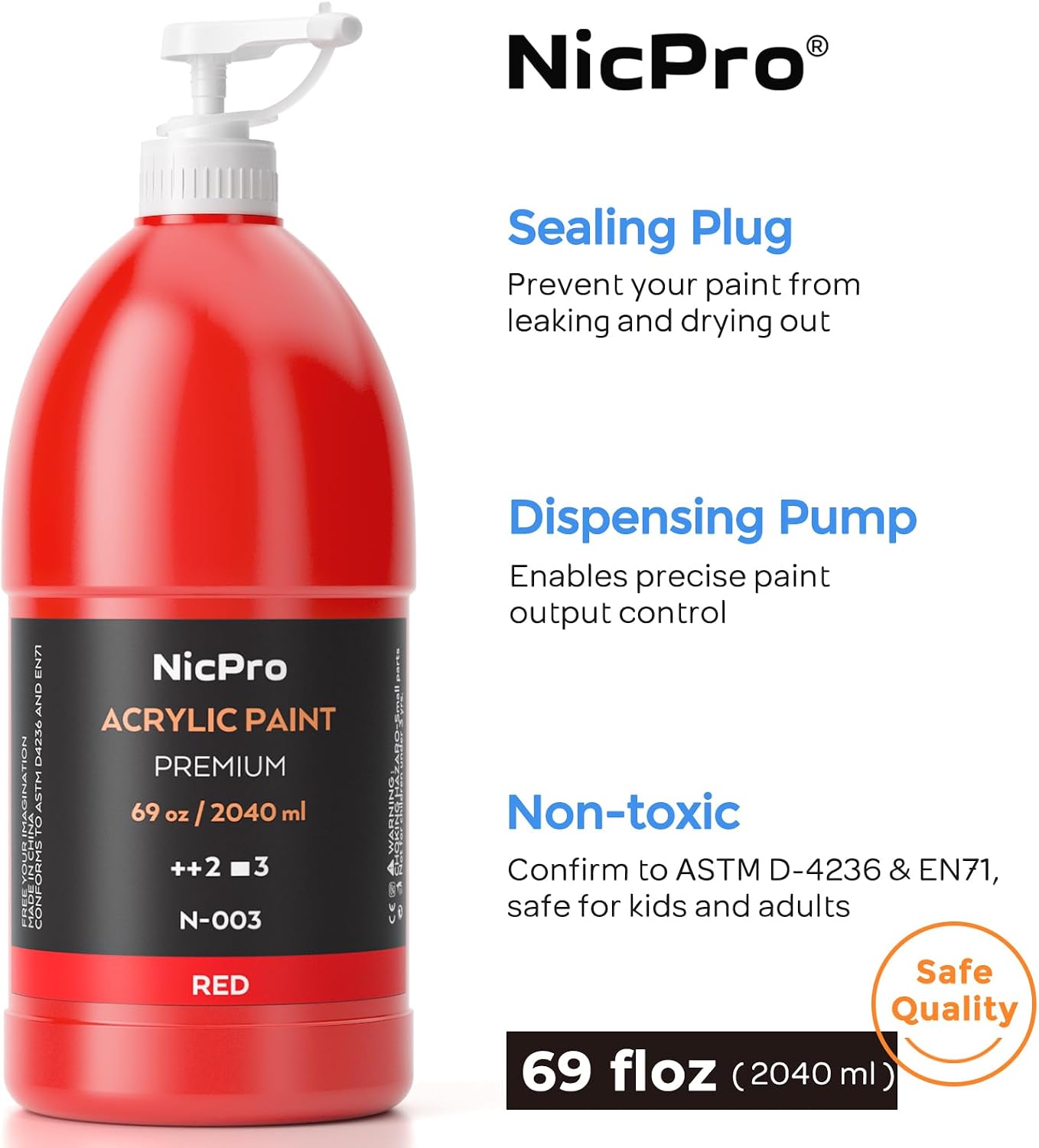 Nicpro 6 Colors Bulk Acrylic Paint Set, 69oz/2040ml Art Painting Supplies | Large Non Toxic Rich Paints Set for Multi Surface, Canvas, Wood, Stone Craft, for Adult Stuents with Pump, Color wheel