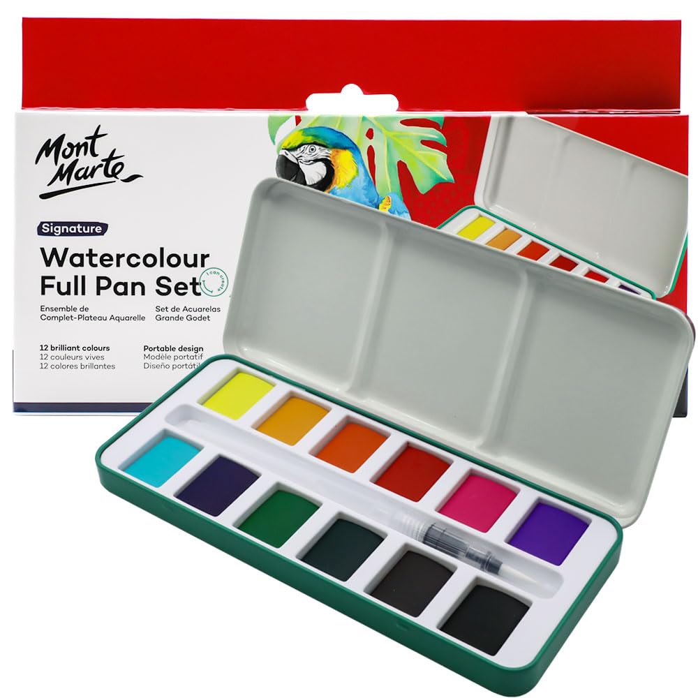 Mont Marte Watercolor Set Full Pan Signature 13pc in Tin, Vibrant, Multi-Color with Translucent Finish, Portable Watercolor Set