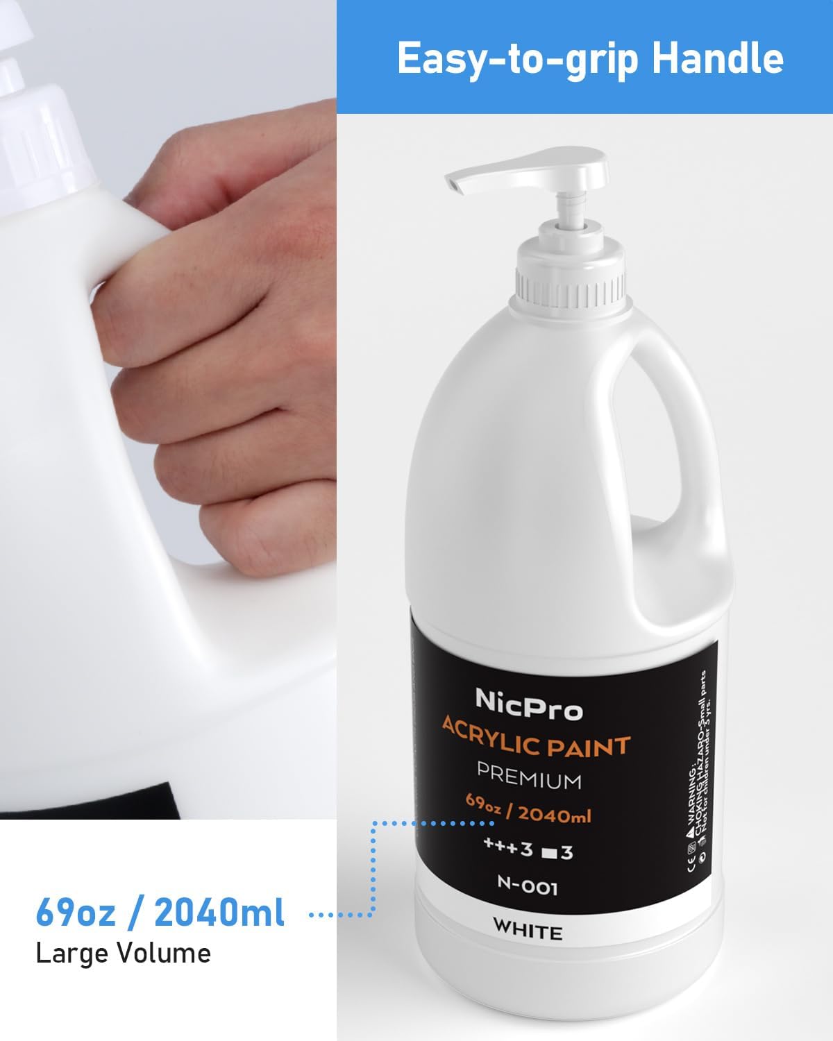 Nicpro White Large Acrylic Paint (69 oz, 2040 ml), Rich Pigments, Non Toxic | Craft Paint for Multi Surface, Canvas, Wood, Leather, Fabric, Rock, Art Painting Supplies for Beginners Artists with Pump