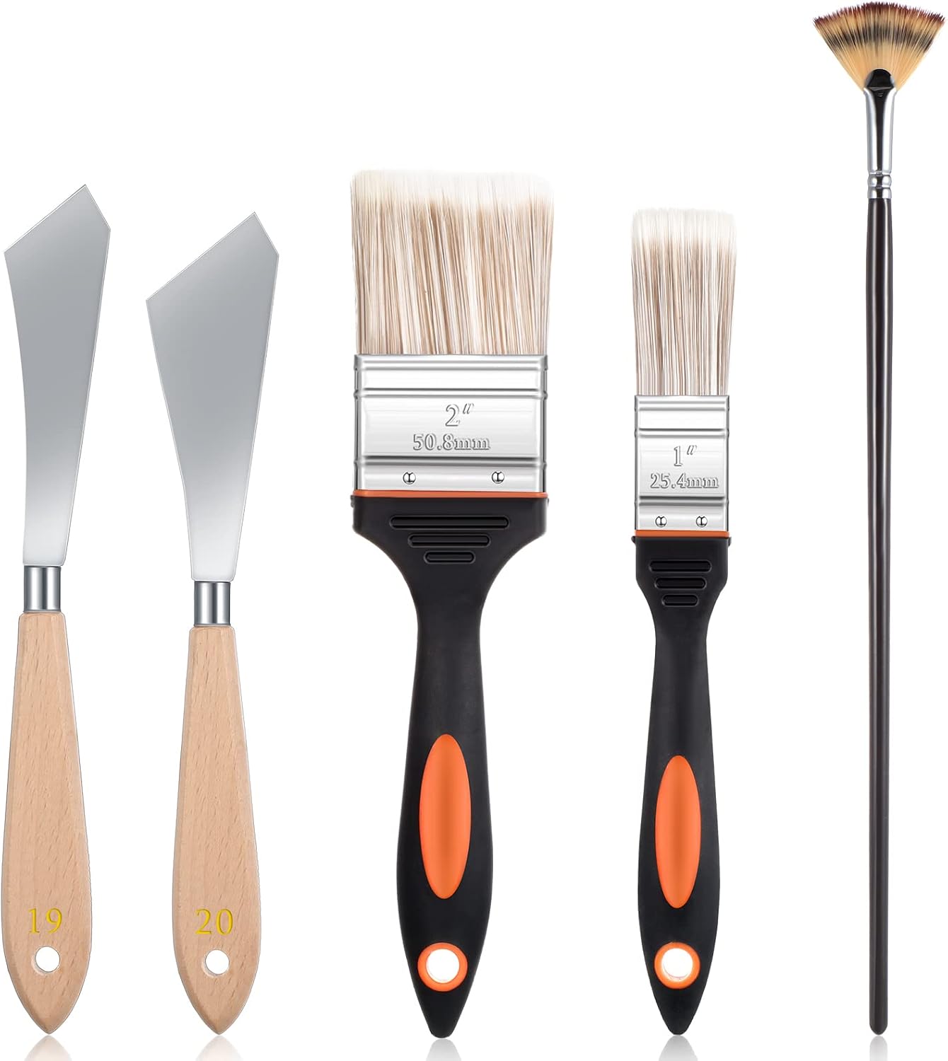 CHENGU 5 Piece Paint Knives Palette Knife Set with Fan Brush for Oil Canvas | Stainless Steel Blades, 2 in and 1 in Knives, Background Blender, Mixing Spatula, Painting Starter Kit