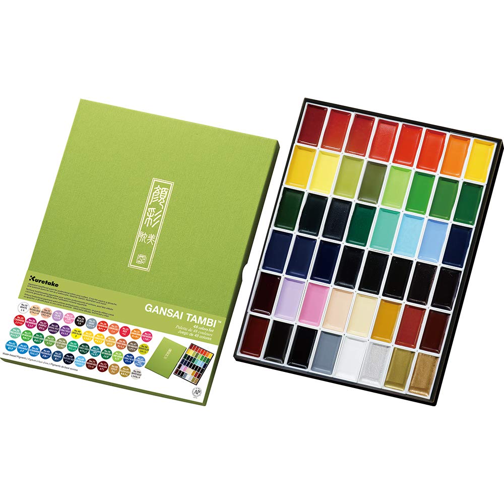 Kuretake Gansai Tambi Watercolor Paint Set, 48 Colors, Made in Japan | 48 vivid opaque colors, non-granulating pigment, large pans, palette & color chart, Professional Use, Artist Grade