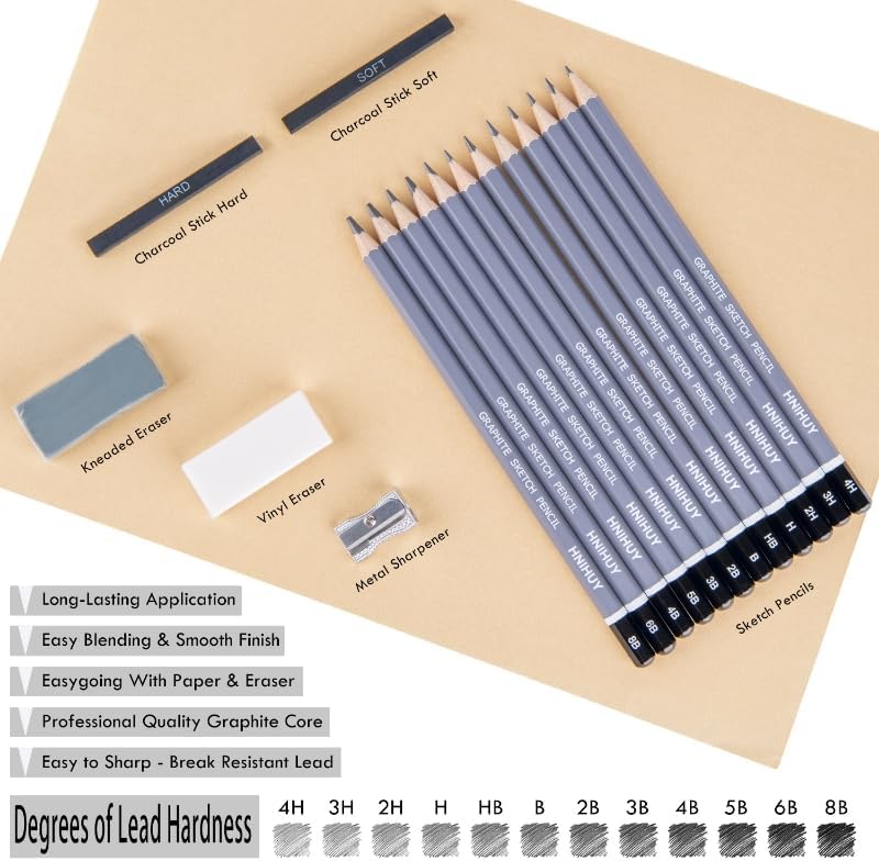 HNIHUY Professional Sketch Pencils Set, 17 Pcs, Graphite Pencils (8B-4H), Erasers and Sharpener, Art Drawing Pencil for Artists Beginner Sketching