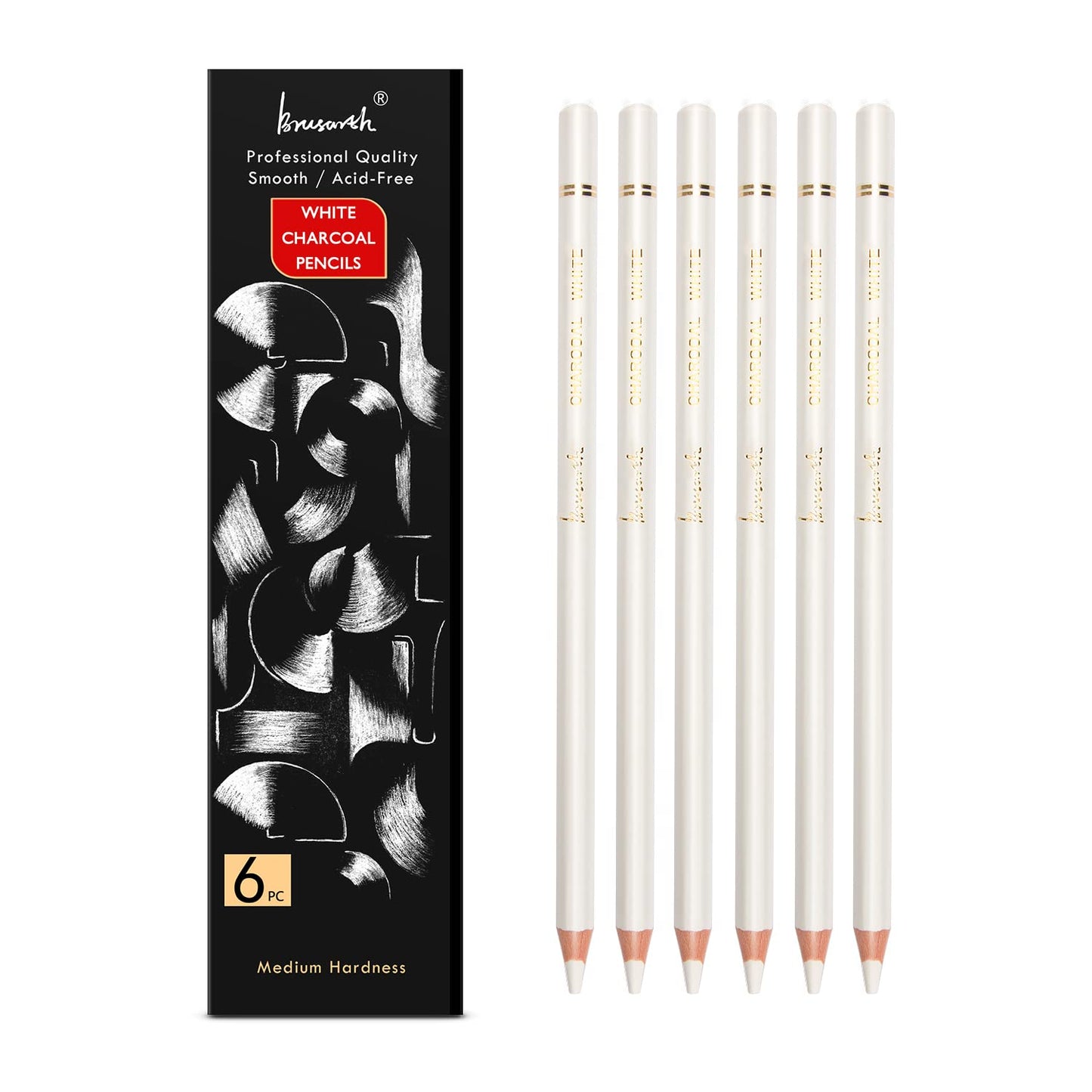 Brusarth Professional Charcoal Pencils Drawing Set - 6 Pieces Soft Medium and Hard Charcoal Pencils for Drawing, Sketching, Shading