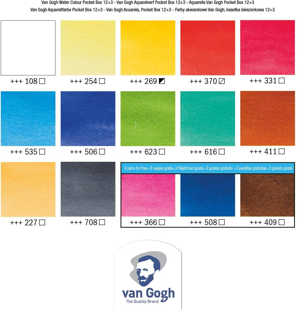 Van Gogh Watercolor Paint Set, Plastic Pocketbox, 12-Half Pan + 3-Half Pan Bonus General Selection